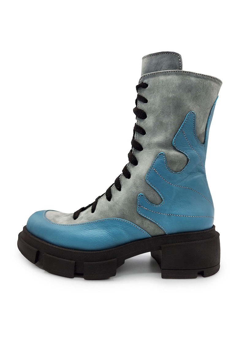 Cizme mid-calf din piele si piele nabuc cu toc masiv