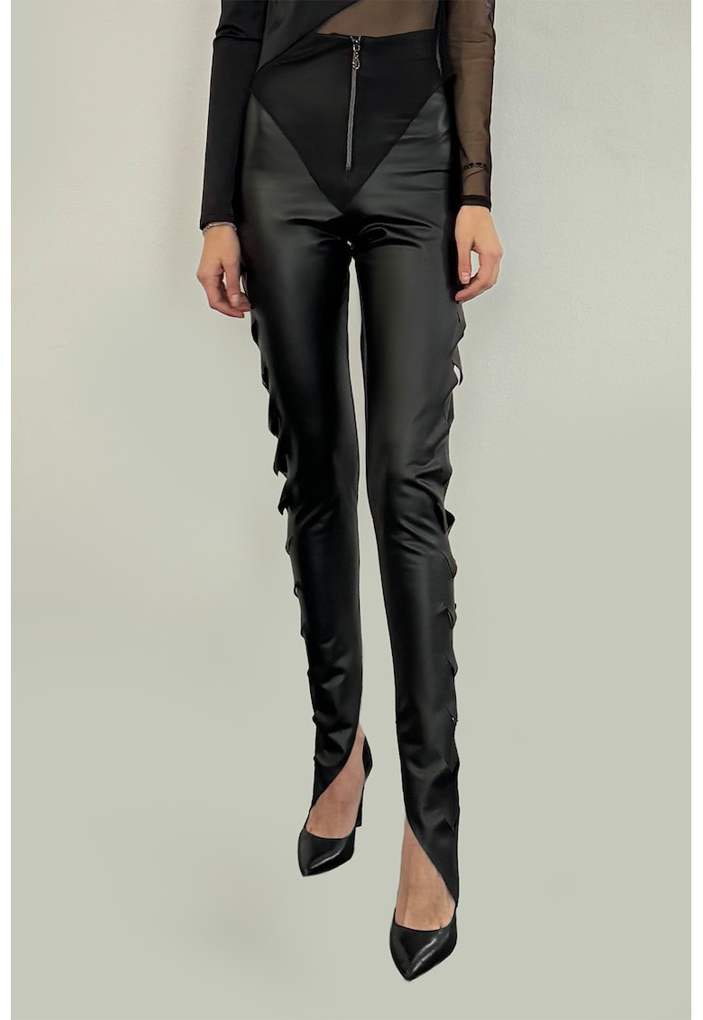 Pantaloni skinny din piele ecologica cu terminatii asimetrice