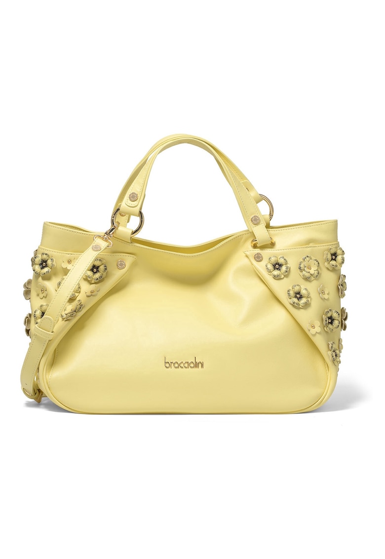 Geanta din piele cu bareta de umar si aplicatii florale