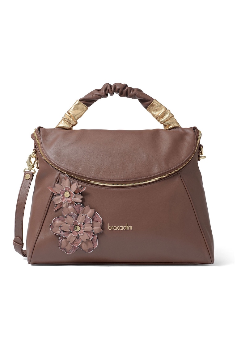 Geanta din piele cu bareta de umar si detalii florale Geanta din piele cu bareta de umar si detalii florale