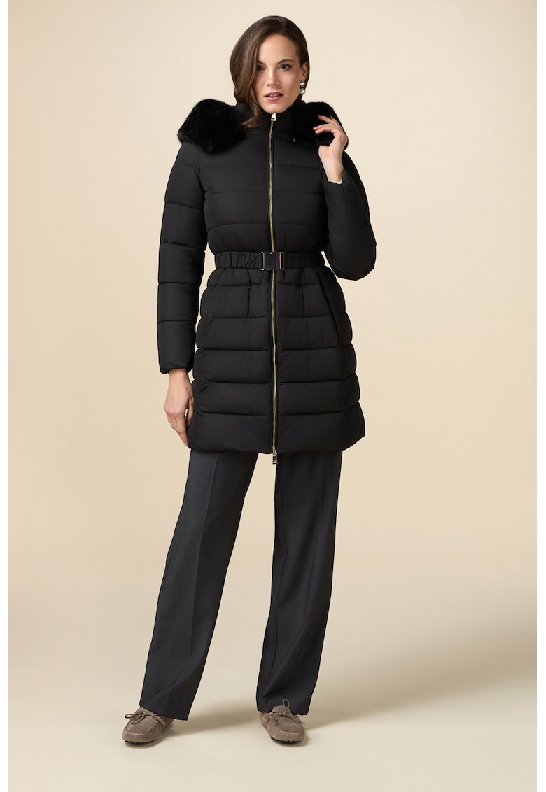 Geaca matlasata cu blana sintetica si curea - Negru