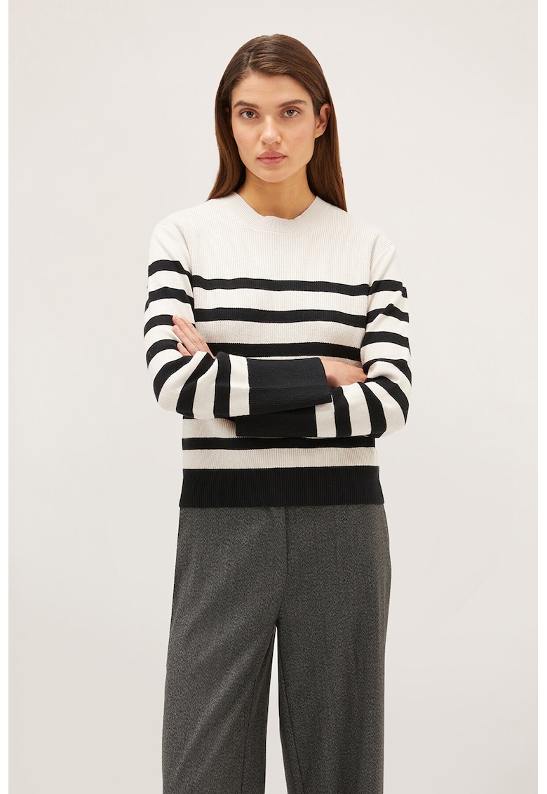 Pulover cu dungi si decolteu rotund - Alb/Negru