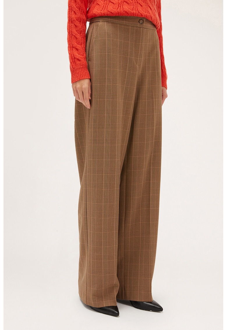 Pantaloni in carouri cu croiala ampla - Maro camel