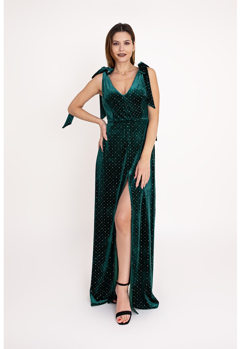 Rochie cu decolteu in V si aplicatii din strasuri Emerald