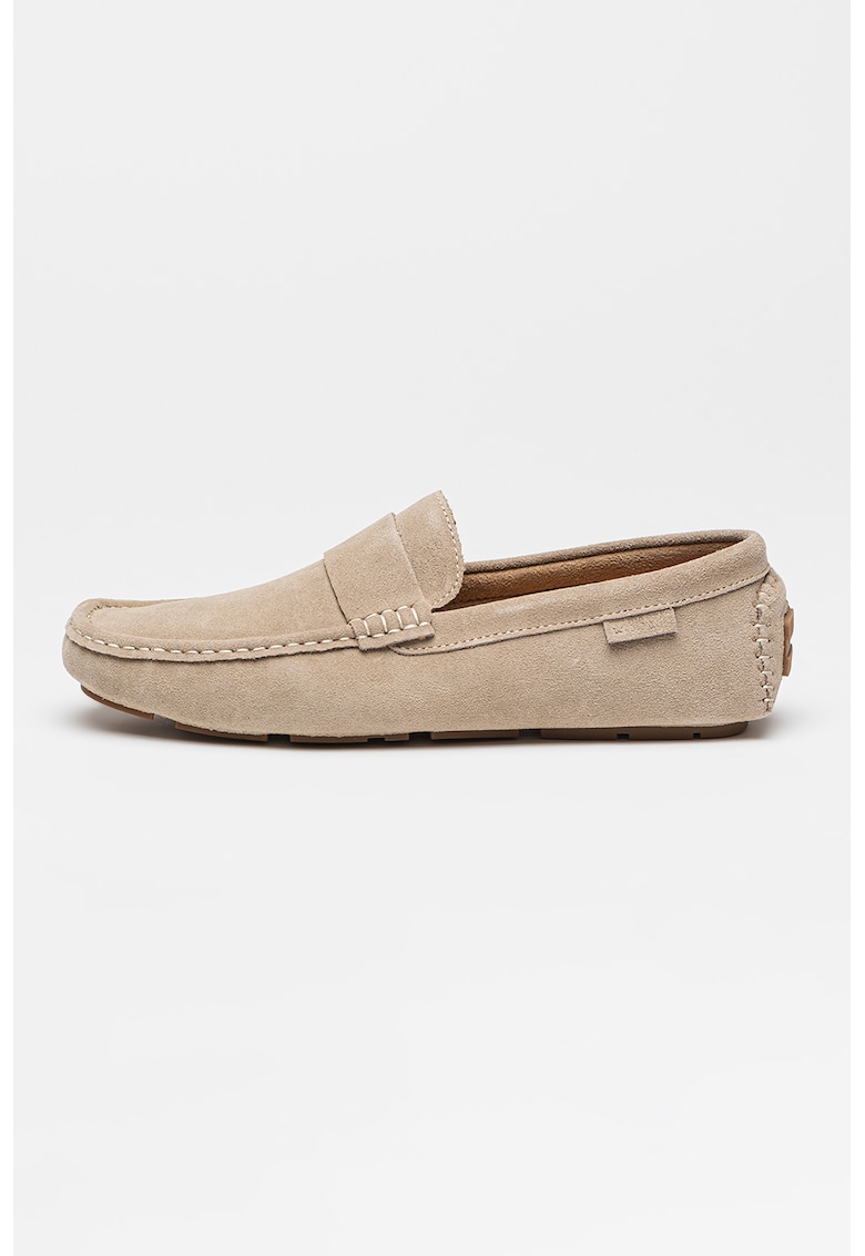 Pantofi loafer din piele intoarsa cu model uni - Gri deschis/Bej deschis