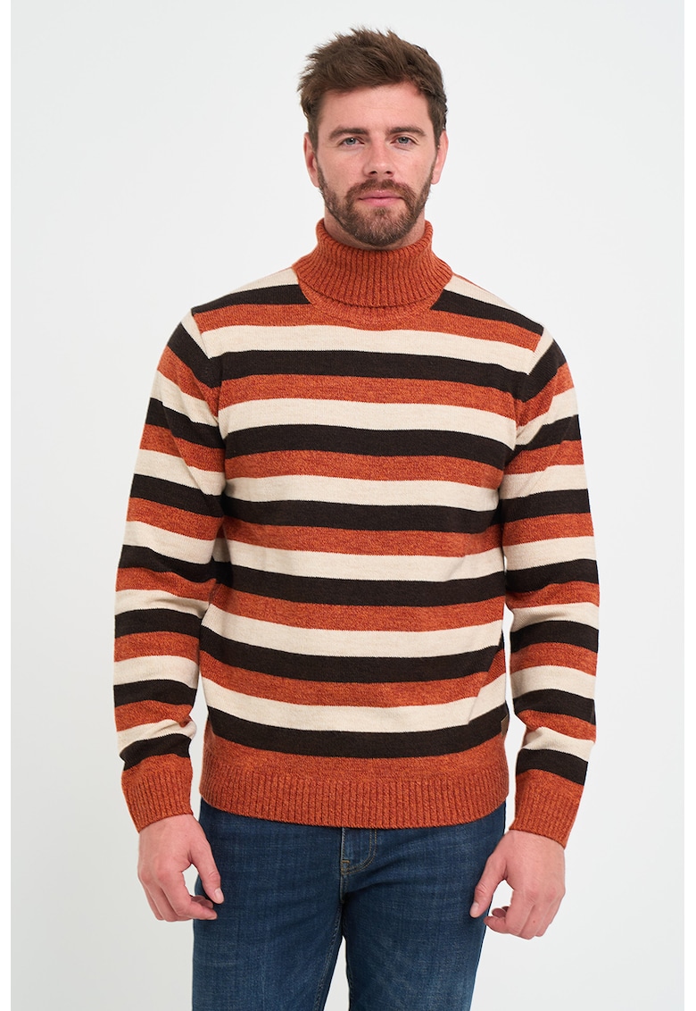 Pulover din amestec de lana cu guler inalt si model in dungi