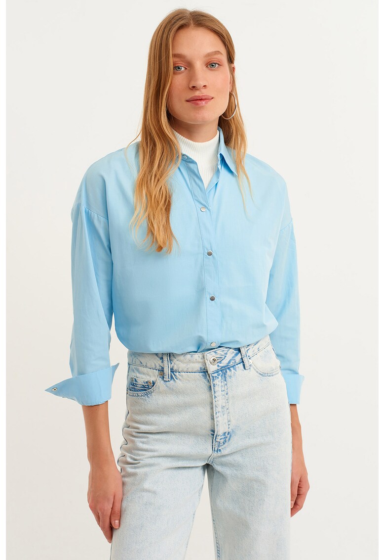 Camasa din amestec de bumbac cu campse - Albastru pastel
