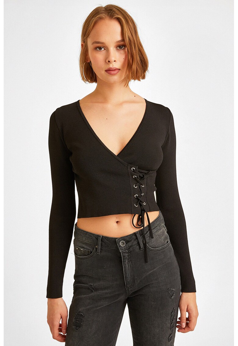 Pulover crop cu decolteu in V - Negru