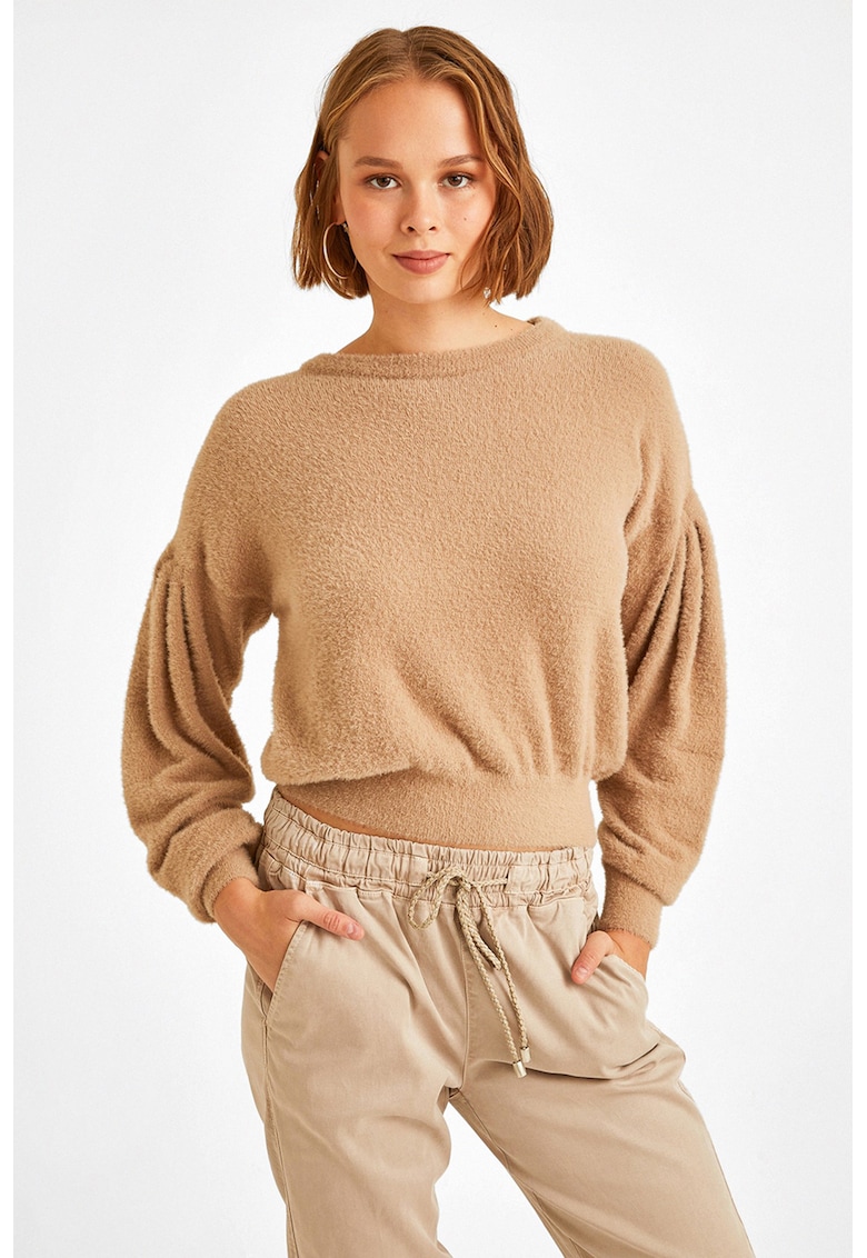 Pulover din material teddy cu decolteu la baza gatului si maneci cazute - Maro camel