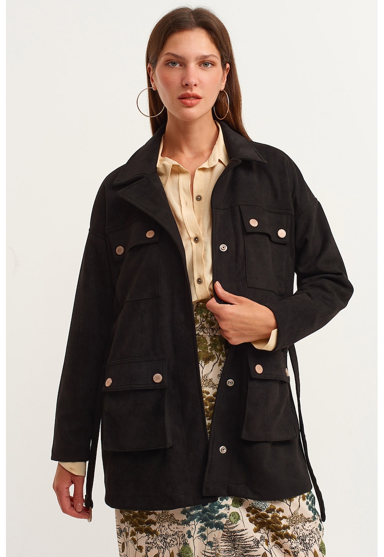 Jacheta de piele intoarsa ecologica cu cordon in talie