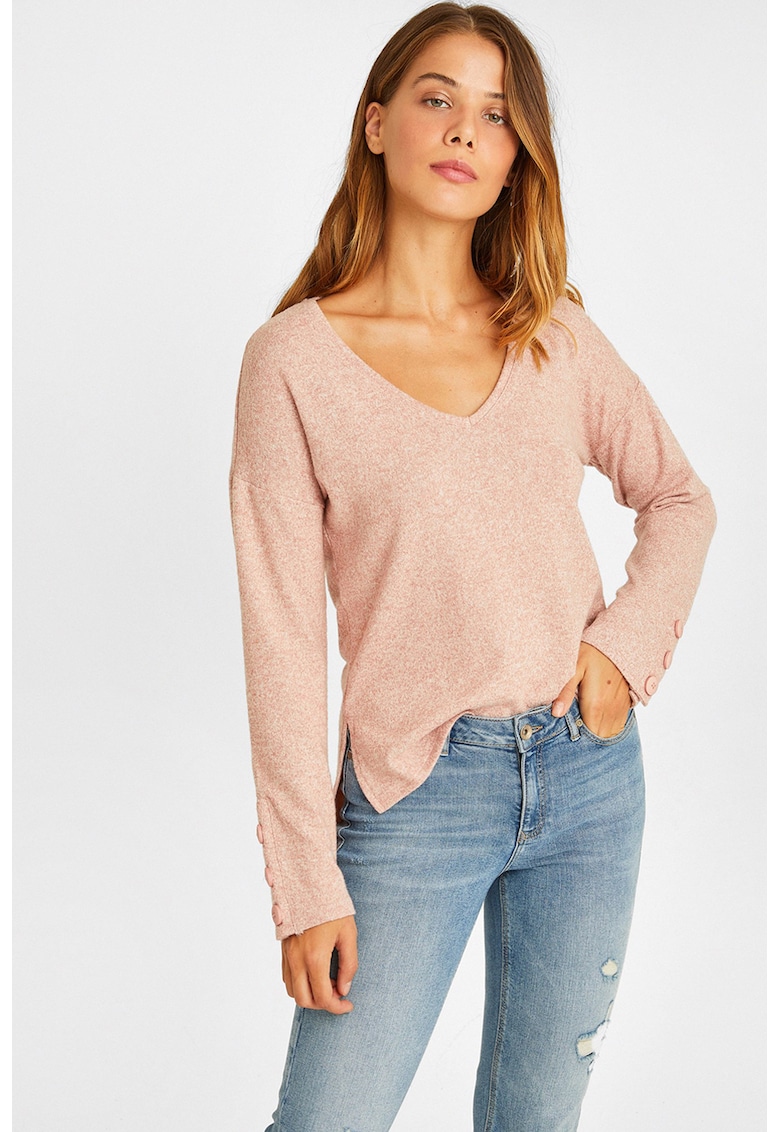 Pulover cu decolteu in V si maneci cazute - Roz melange