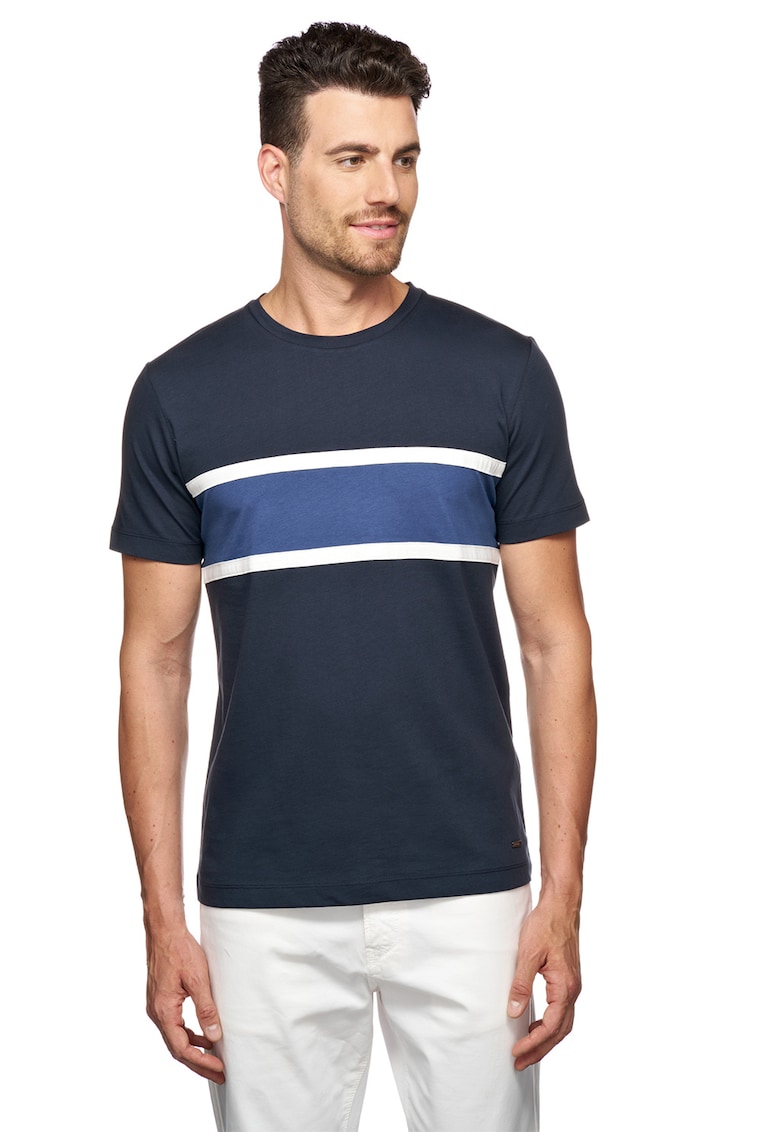 Tricou de bumbac cu decolteu la baza gatului - Bleumarin