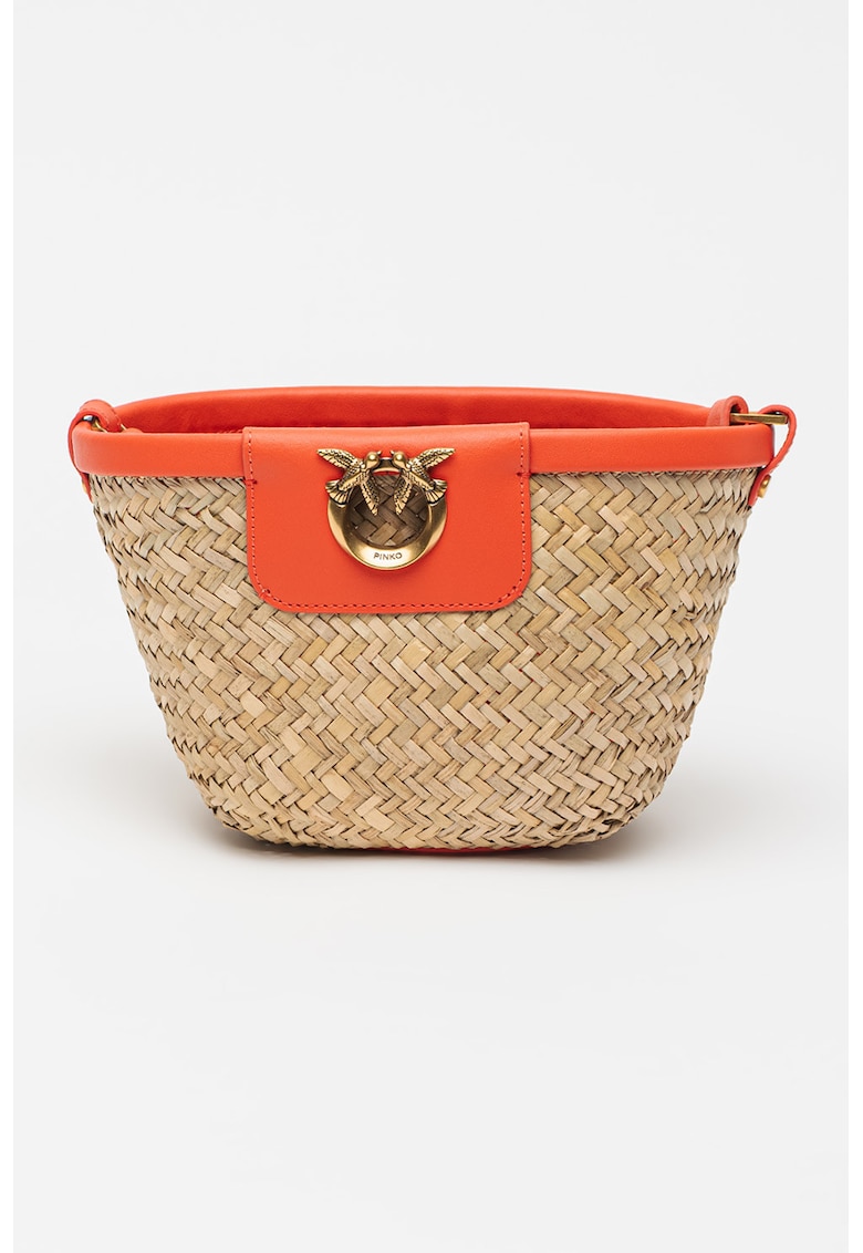 Geanta bucket tesuta cu garnituri de piele