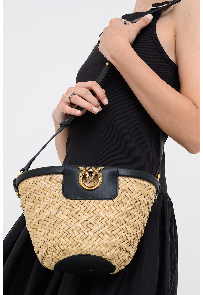 Geanta bucket tesuta cu garnituri de piele