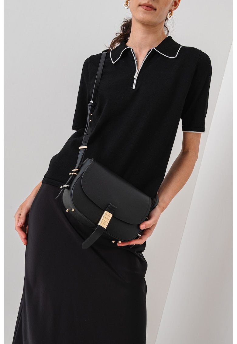 Geanta mica de piele cu bareta de umar si inchidere cu clapa Saddle