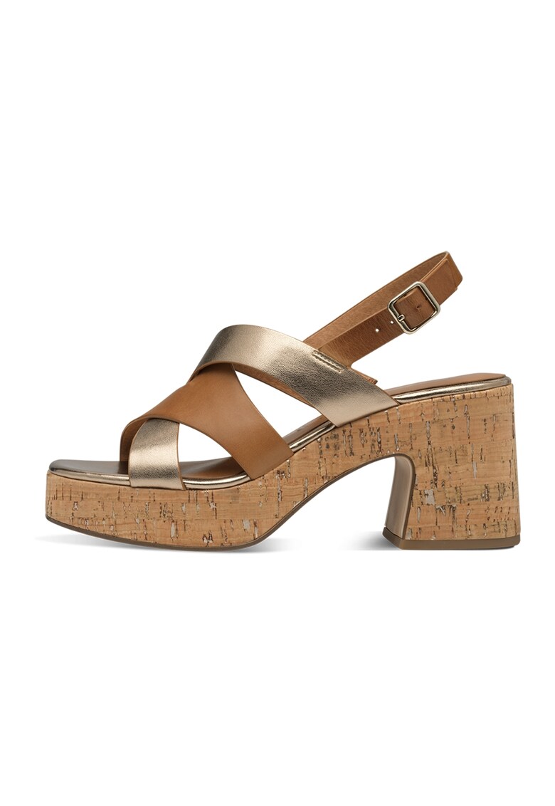 Sandale cu toc masiv - Auriu/Maro inchis