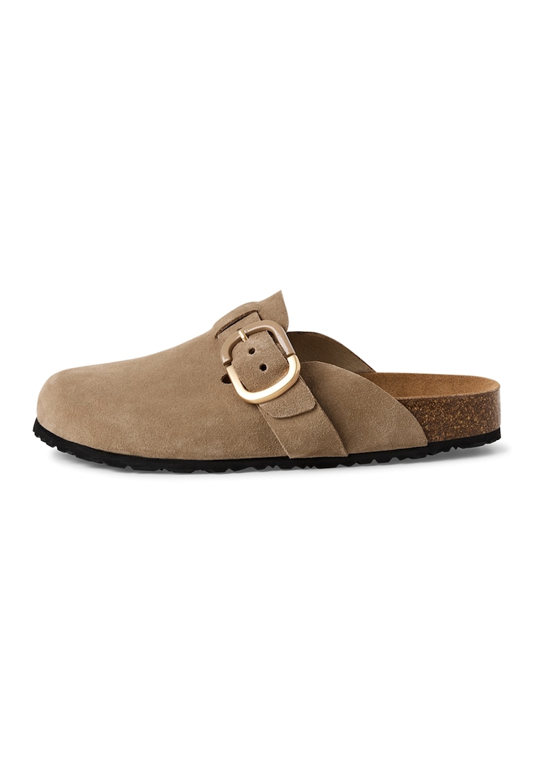 Papuci de piele intoarsa cu catarama - Maro taupe deschis