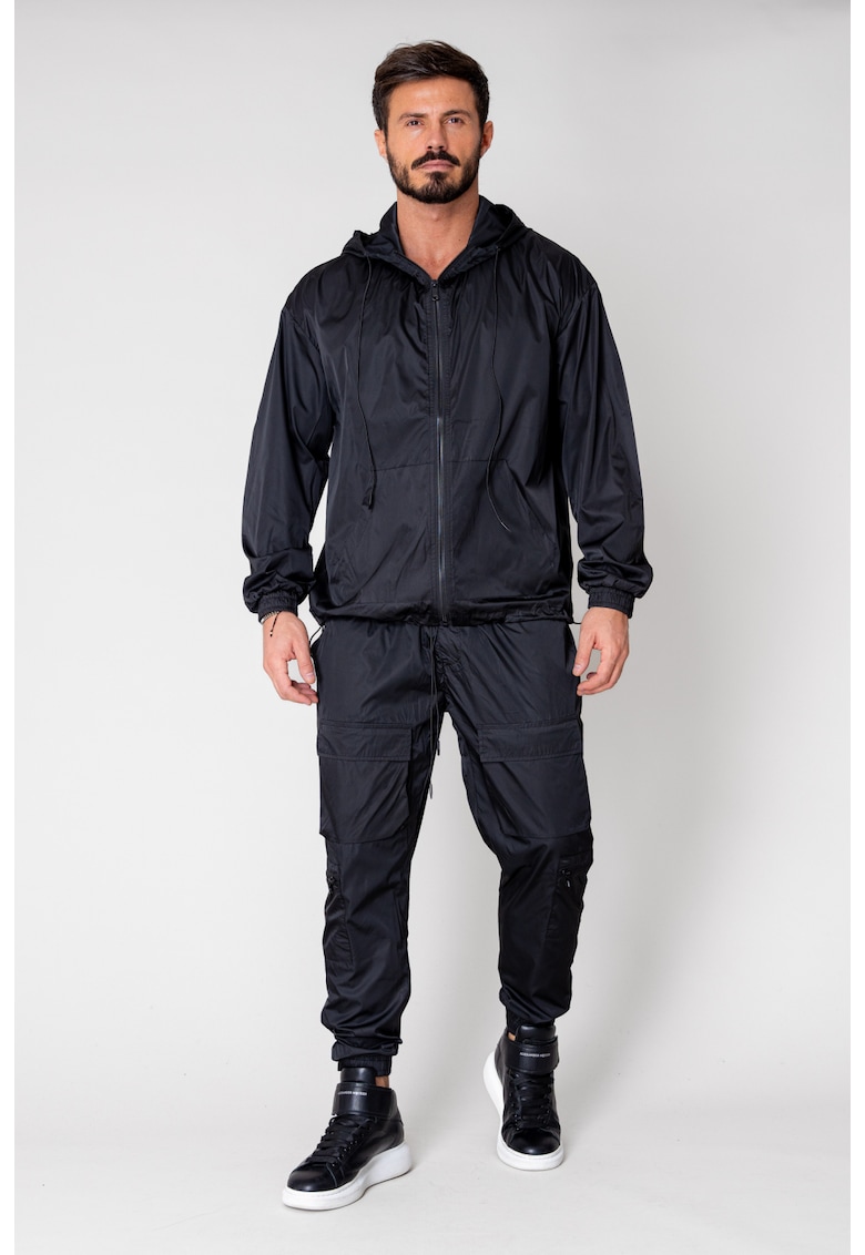 Set Windbreaker Jacheta cu fermoar si pantalon lung din fas Black 15027