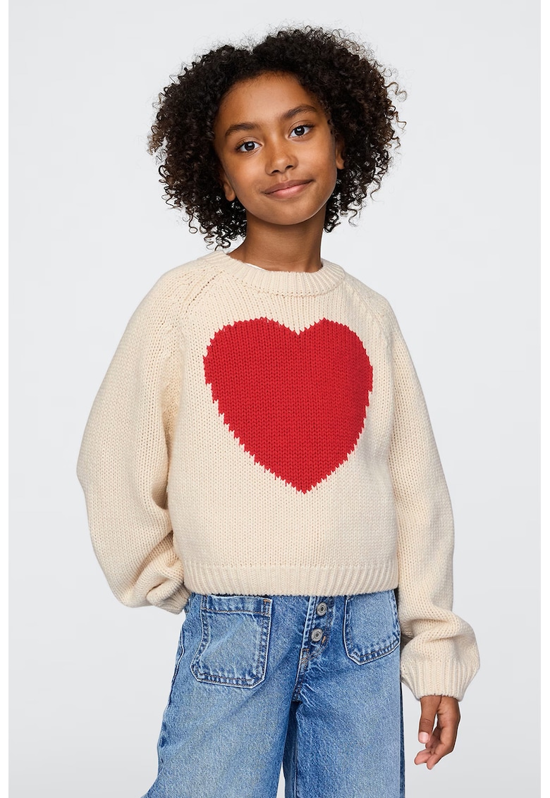 Pulover din amestec de bumbac cu model cu inimi