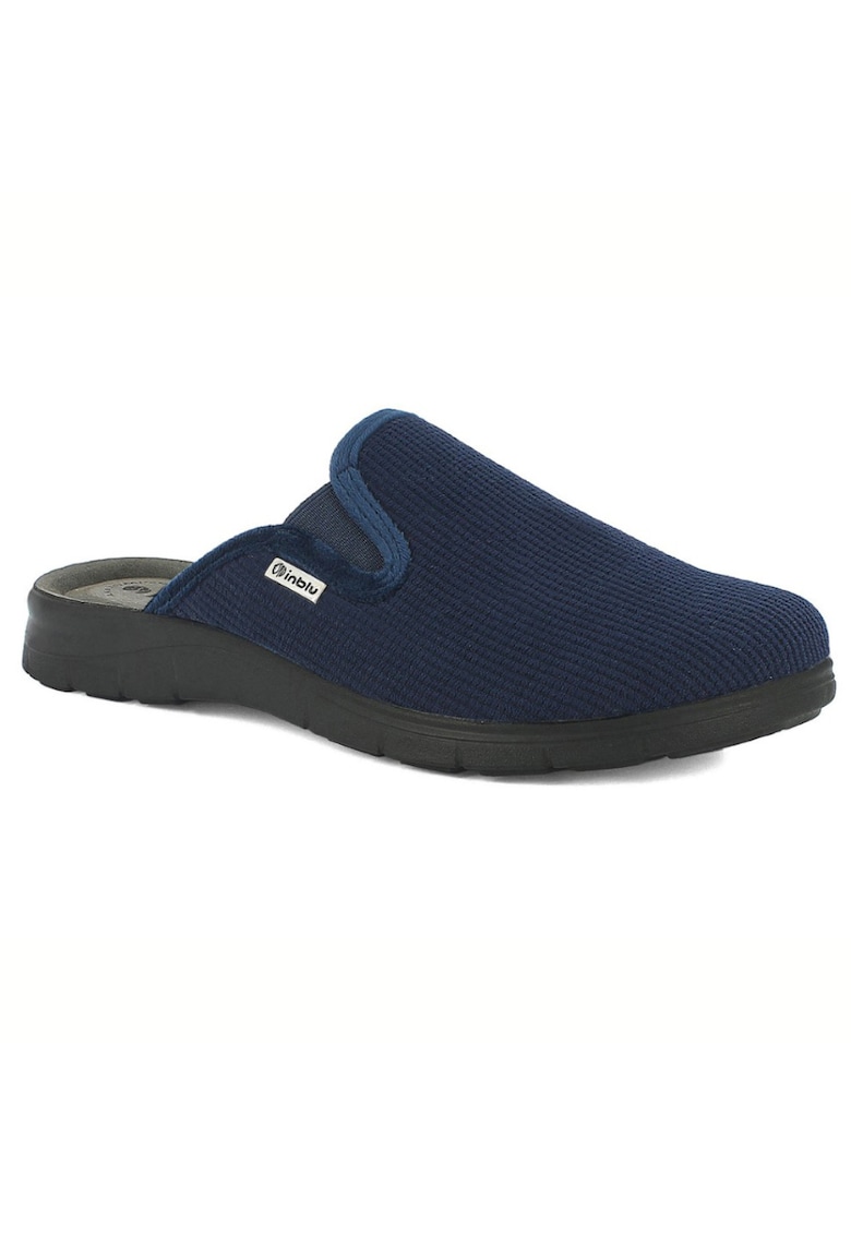 Papuci de casa confortabili - pentru barbati - albastru raiat - cu elastic - talpic piele - Albastru inchis