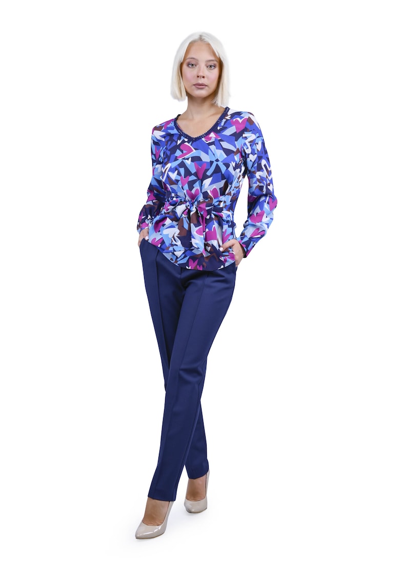 Bluza cu centura textila si imprimeu abstract -  Multicolor