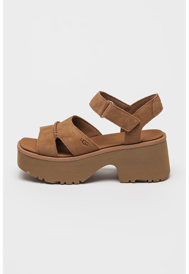 Sandale cu toc din piele întoarsă cu închidere velcro new heights – maro deschis – UGG Sandale cu toc din piele întoarsă cu închidere velcro new heights – maro deschis – UGG