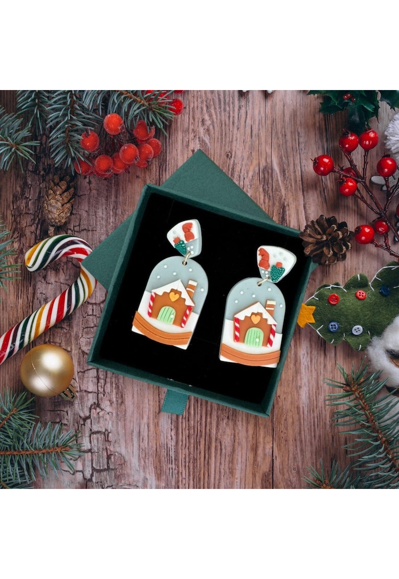 Cercei bleu - cu casuta de Craciun - plus cutie cadou - Elline C23