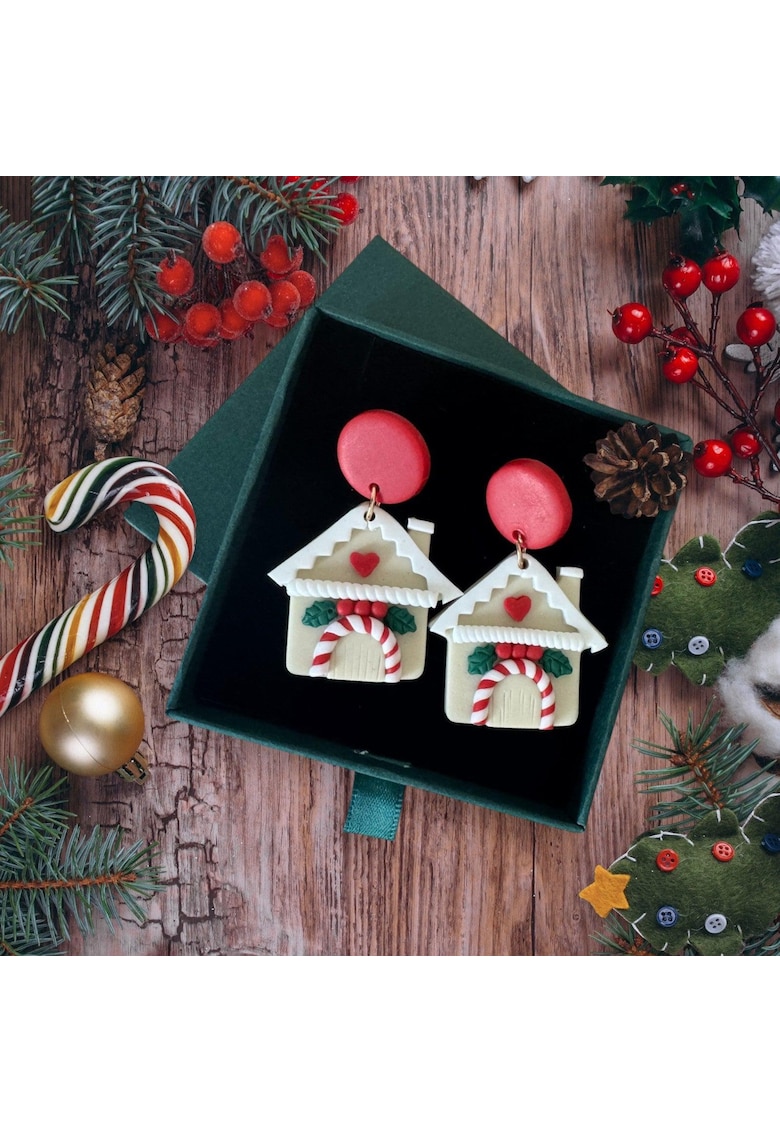 Cercei bej - forma de casuta din turta dulce - plus cutie cadou - Gingerhouse C23