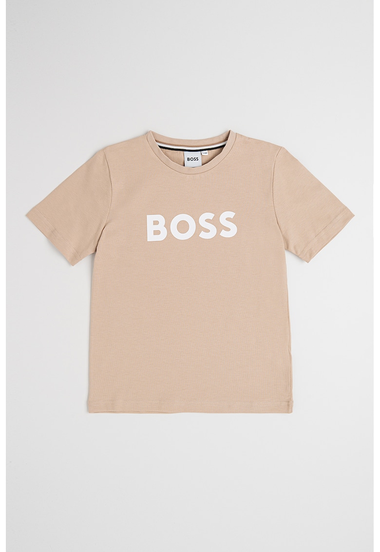 Tricou din bumbac cu imprimeu logo si decolteu la baza gatului