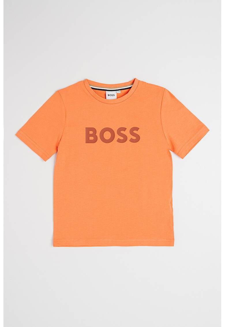 Tricou din bumbac cu imprimeu logo si decolteu la baza gatului