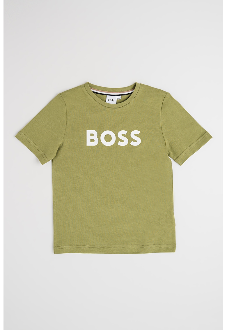 Tricou din bumbac cu imprimeu logo si decolteu la baza gatului