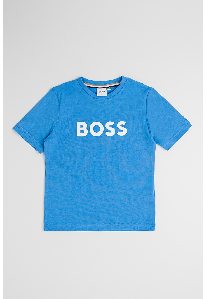 Tricou din bumbac cu imprimeu logo si decolteu la baza gatului