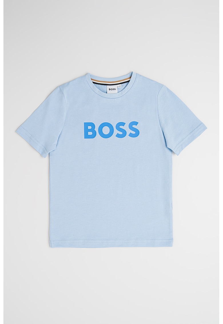 Tricou din bumbac cu imprimeu logo si decolteu la baza gatului