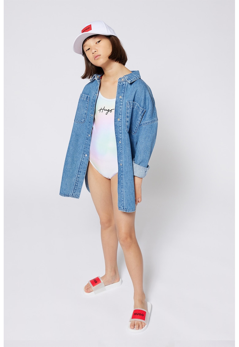 Costum de baie intreg cu logo holografic - Verde pal/Lila/Argintiu