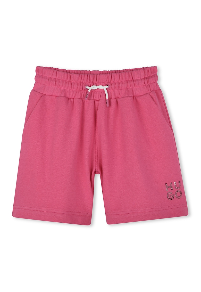 Pantaloni scurti cu snururi si logo din strasuri - Roz aprins