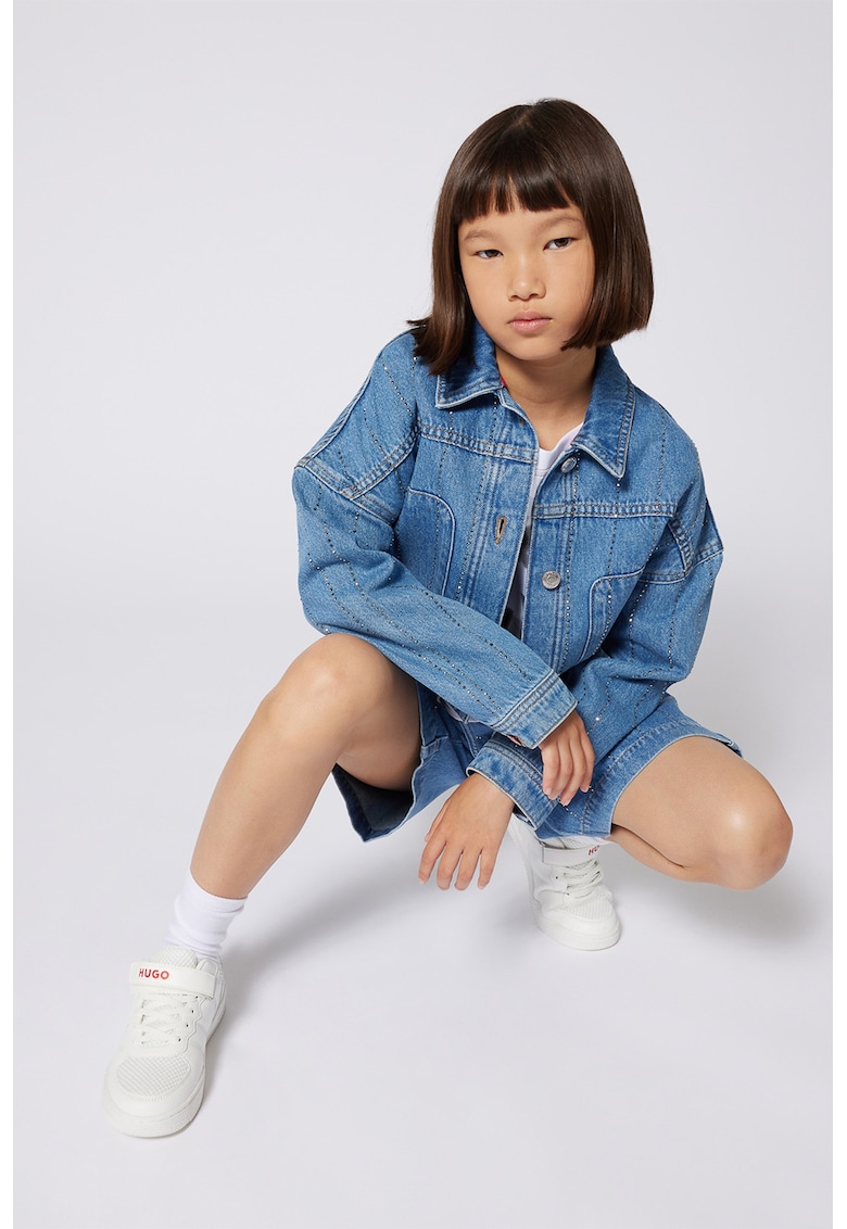 Jacheta crop din denim cu strasuri