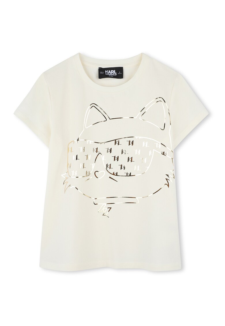 Tricou din amestec de bumbac cu decolteu la baza gatului - Auriu/Crem