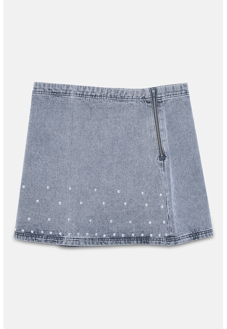 Fusta din denim cu aplicatii cu strasuri