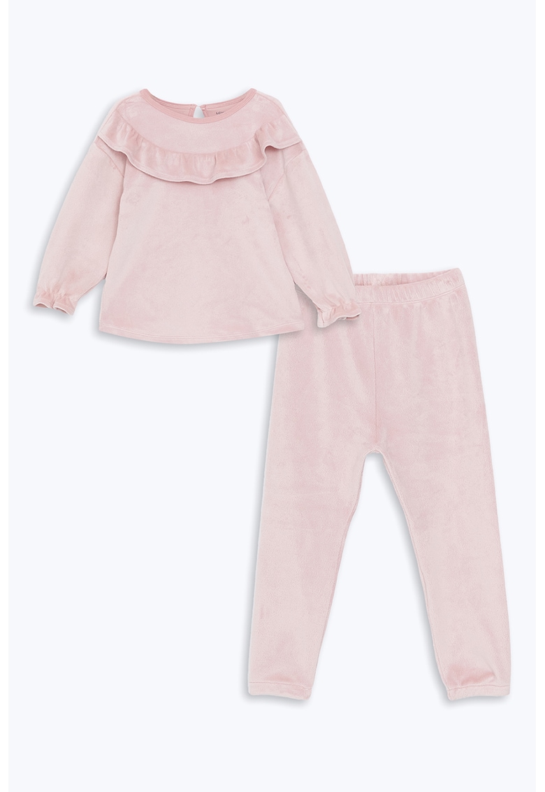 Pijama din material fleece cu guler cu volan - Roz prafuit