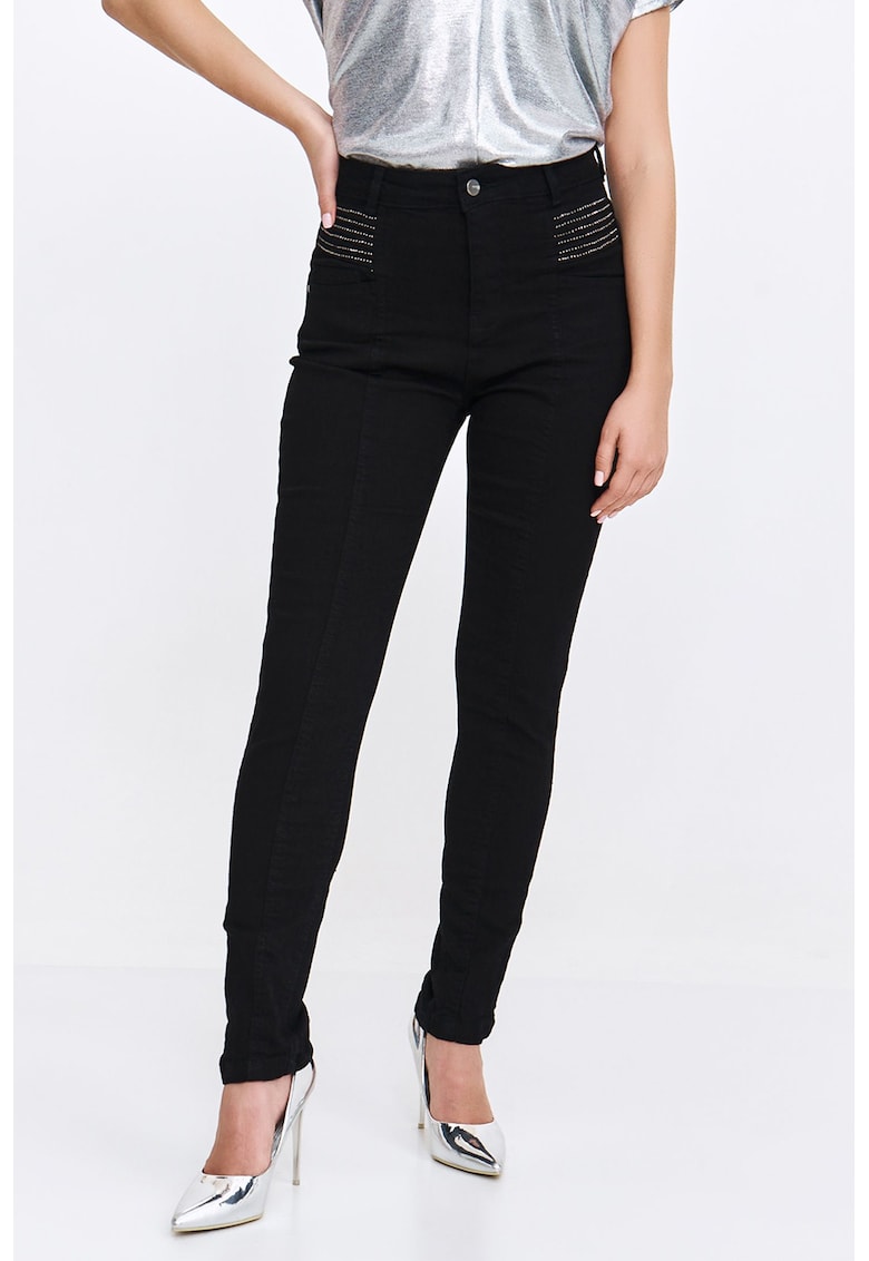 Blugi slim fit cu talie inalta si strasuri