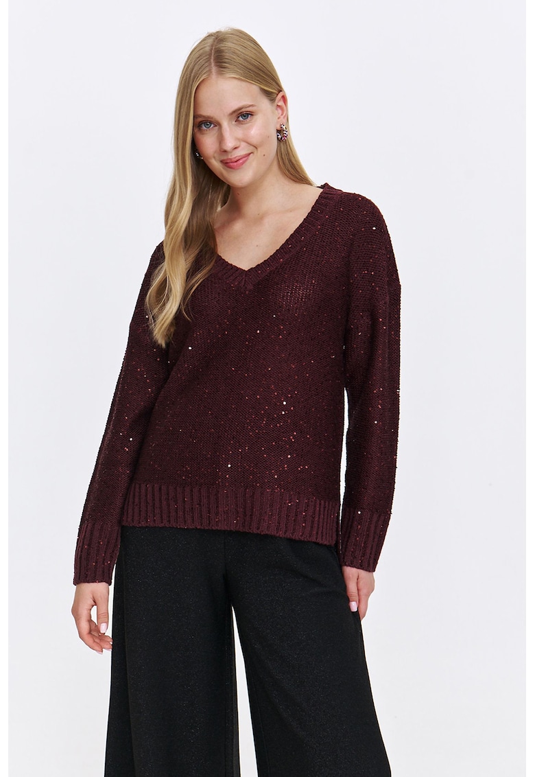 Pulover cu decolteu in V si detalii stralucitoare