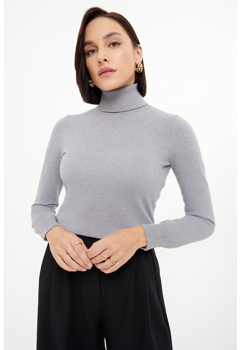 Pulover slim fit cu guler inalt - Gri deschis