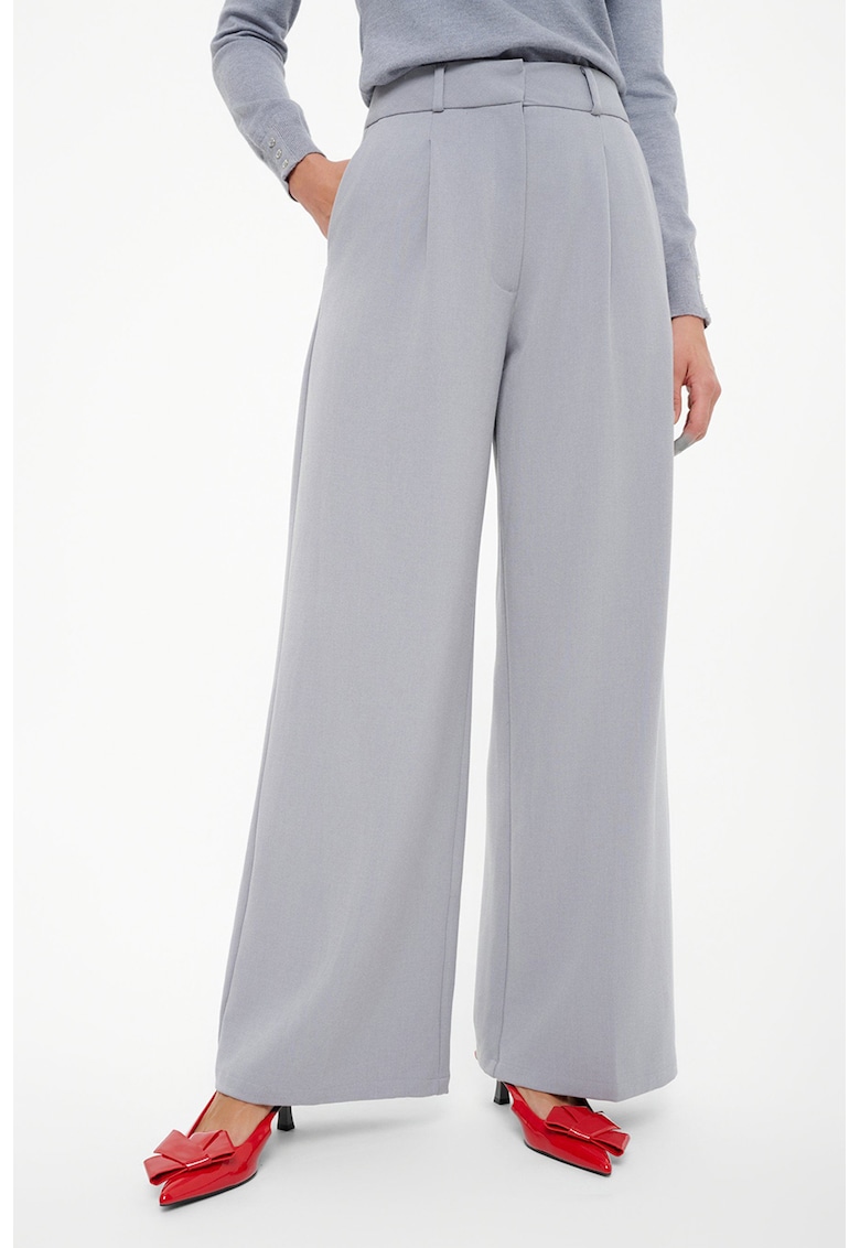 Pantaloni cu croiala ampla si talie inalta - Gri deschis