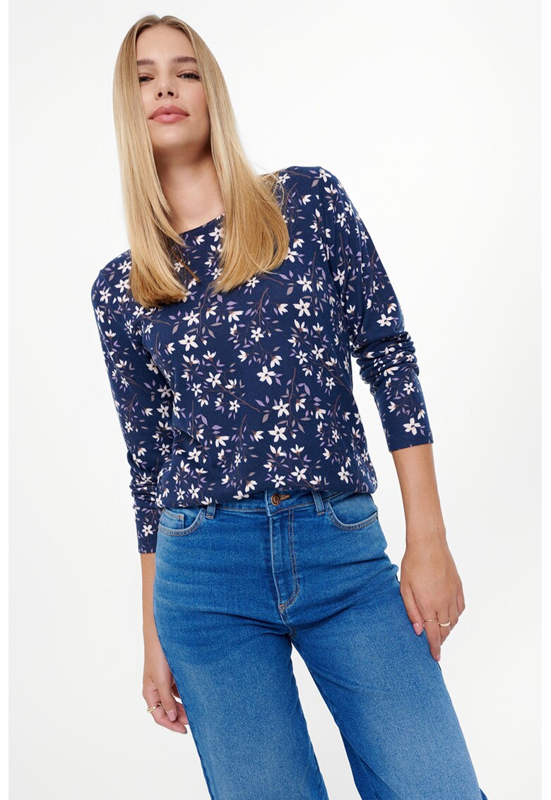 Pulover cu model si decolteu rotund - Albastru inchis/Alb optic