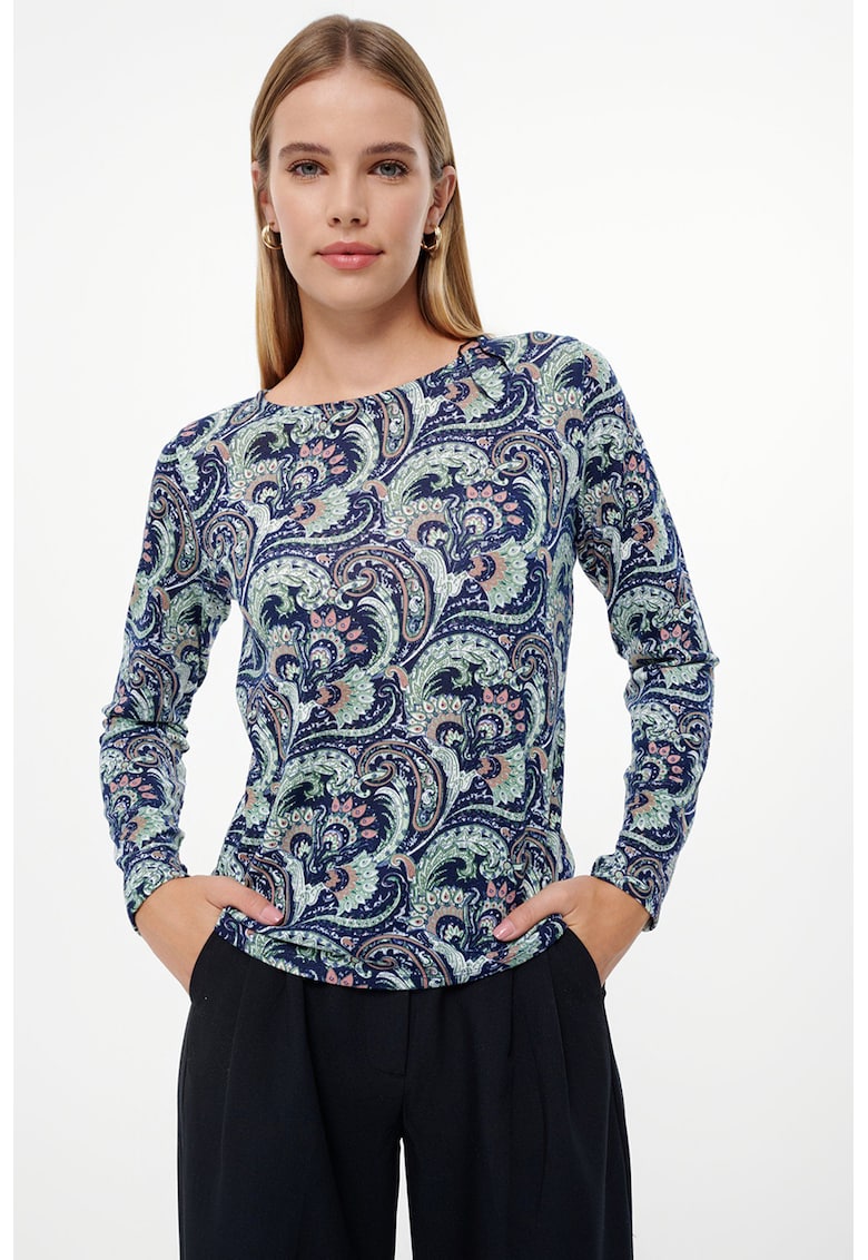 Pulover cu model si decolteu rotund - Albastru pastel/Albastru inchis/Albastru petrol