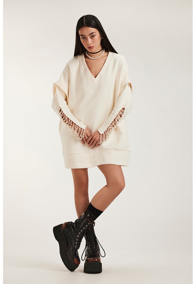 Rochie cu decolteu in V si perle sintetice - Alb fildes