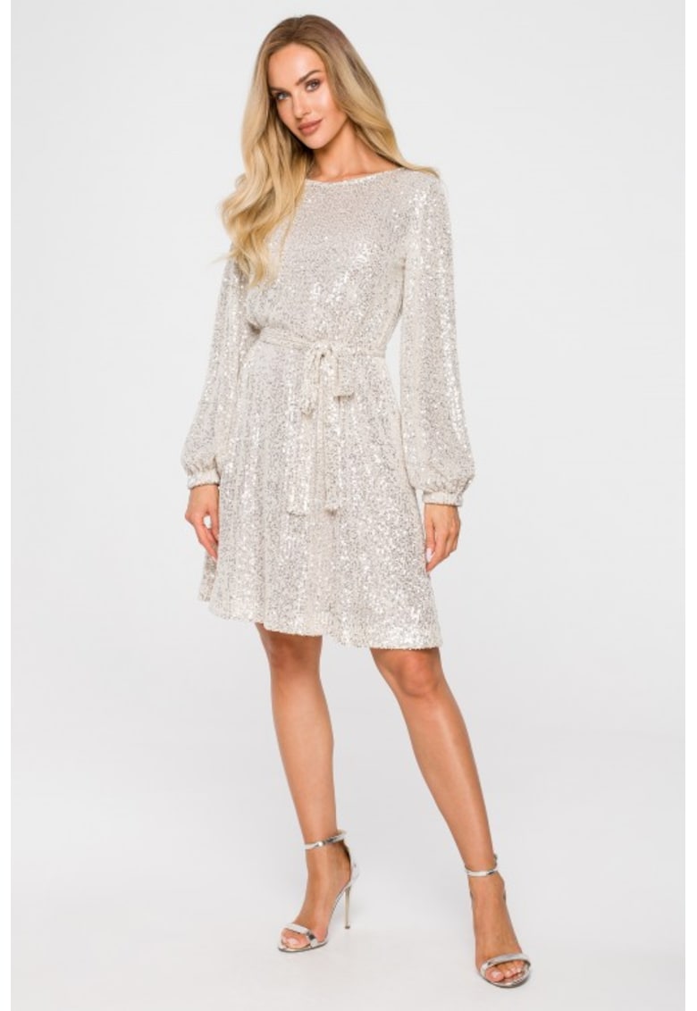 Rochie din paiete cu maneci bufante - Argintiu/Bej deschis