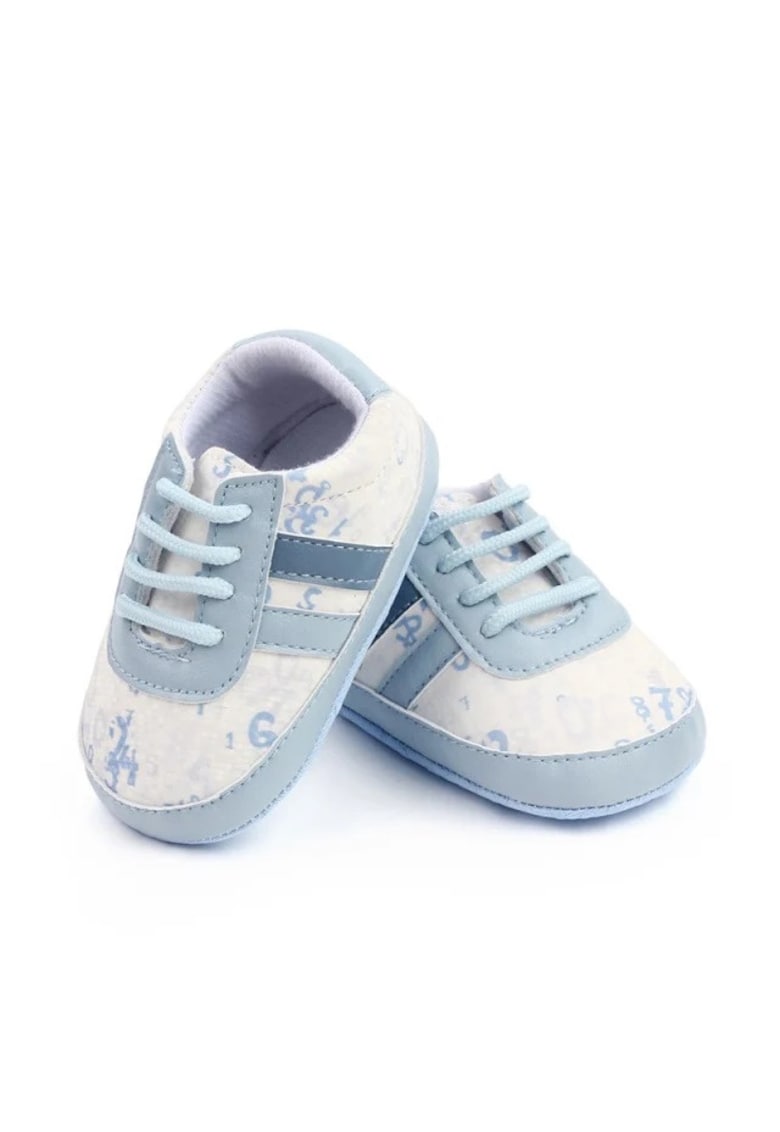 Pantofi Sport Model Cifre - Piele ecologica - Baieti - Siret - Alb - Albastru