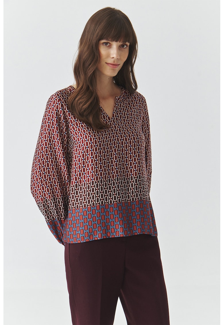 Bluza cu model si decolteu in V - Visiniu/Bej/Albastru