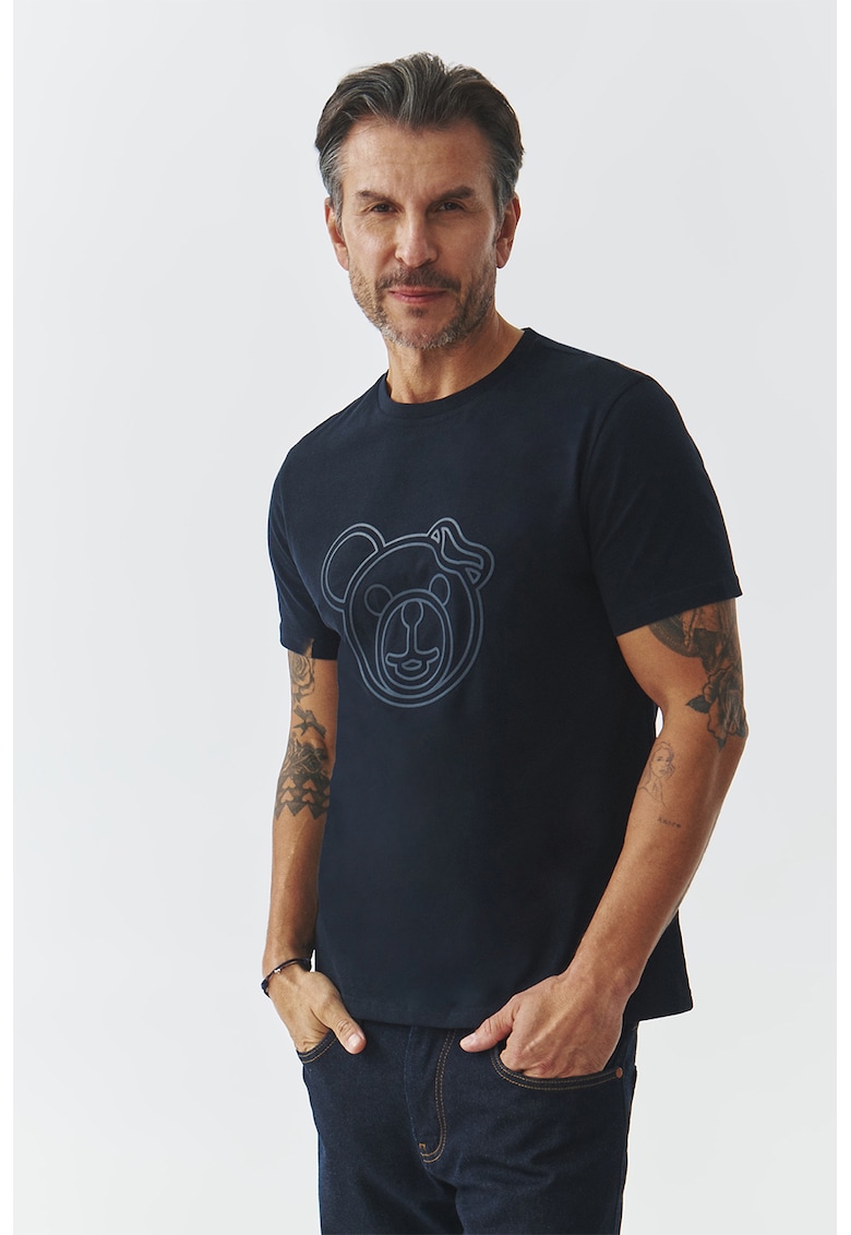 Tricou din bumbac cu decolteu la baza gatului - Albastru inchis